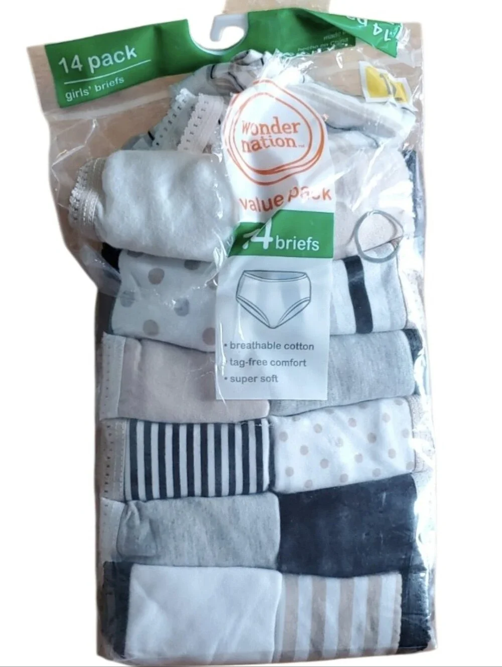 wonder nation Girls' Size 12 Briefs Pack - White, Gray, Black, Tan